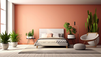 Modern interior design of bedroom in vogue with plant and copyspace in horizontal arrangement. Generative Ai