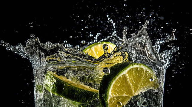 Mexican traditional  Tequila splash lime on black background with ice cube. Generative Ai