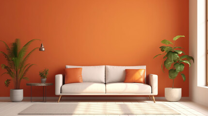 Fototapeta na wymiar Orange minimalist room interior with sofa on a wooden floor, decor on a large wall, white landscape in window. Home nordic interior. Generative Ai