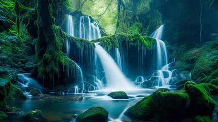 Beautiful waterfall in the forest. Waterfall in the deep forest. Generative ai