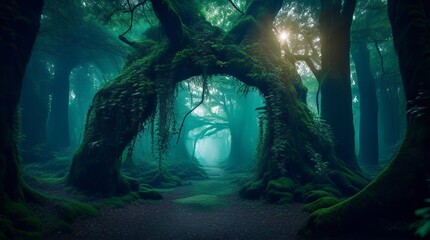 Mysterious dark green forest. Fantasy forest. Generative ai