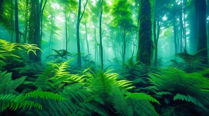 Obraz premium Fantastic forest with fog and ferns in the foreground. Generative ai 