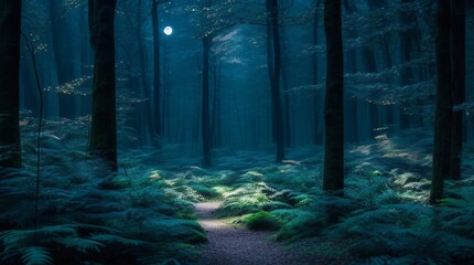 Fototapeta premium Mysterious green forest with a path leading to the full moon. Generative ai