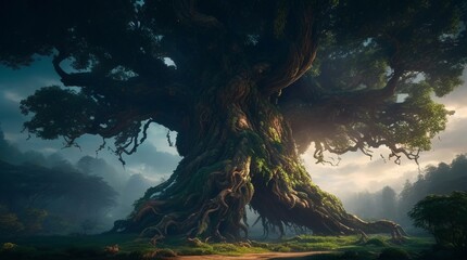 An old big tree in a fantasy forest. Generative ai