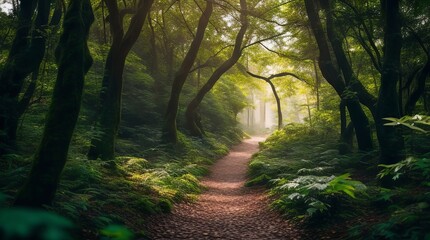 Obraz premium Pathway in the green forest with fog and sunlight. Nature background. Generative ai
