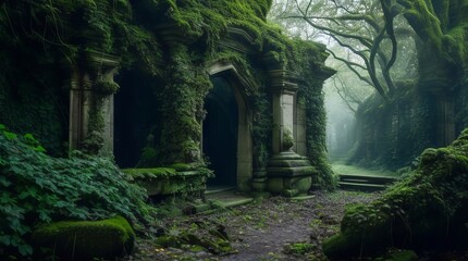 Fototapeta premium Mysterious old stone archway in a mysterious green forest. Generative ai
