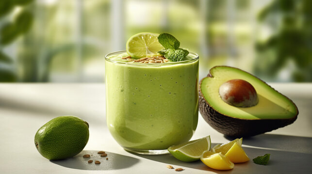 Vegan avocado and oatmeal smoothie in glass jar on the light background. Generative Ai