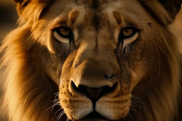 Close-up of a lion's face. Portrait of the king of animals. generated ai