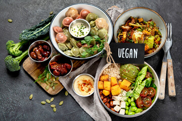 Vegetarian and various vegan dishes on dark table.