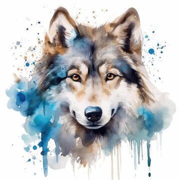 Cute Wolf portrait. watercolor, illustration, clipart on white background.