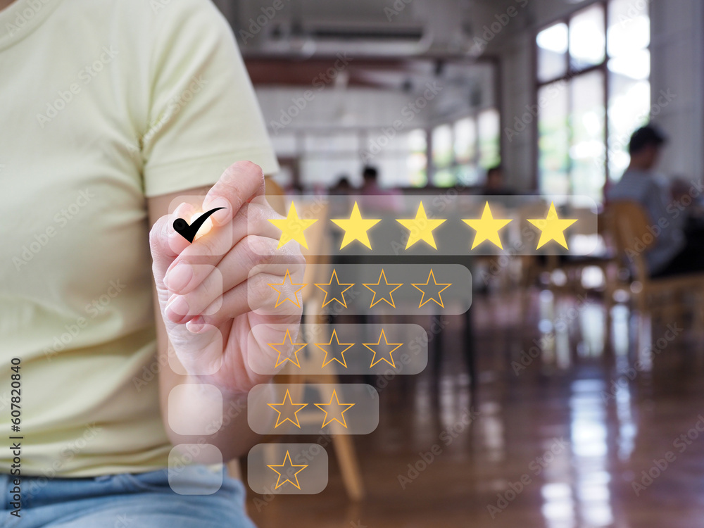 Poster customers or users rate their satisfaction in using the application, product reviews, selecting a ch