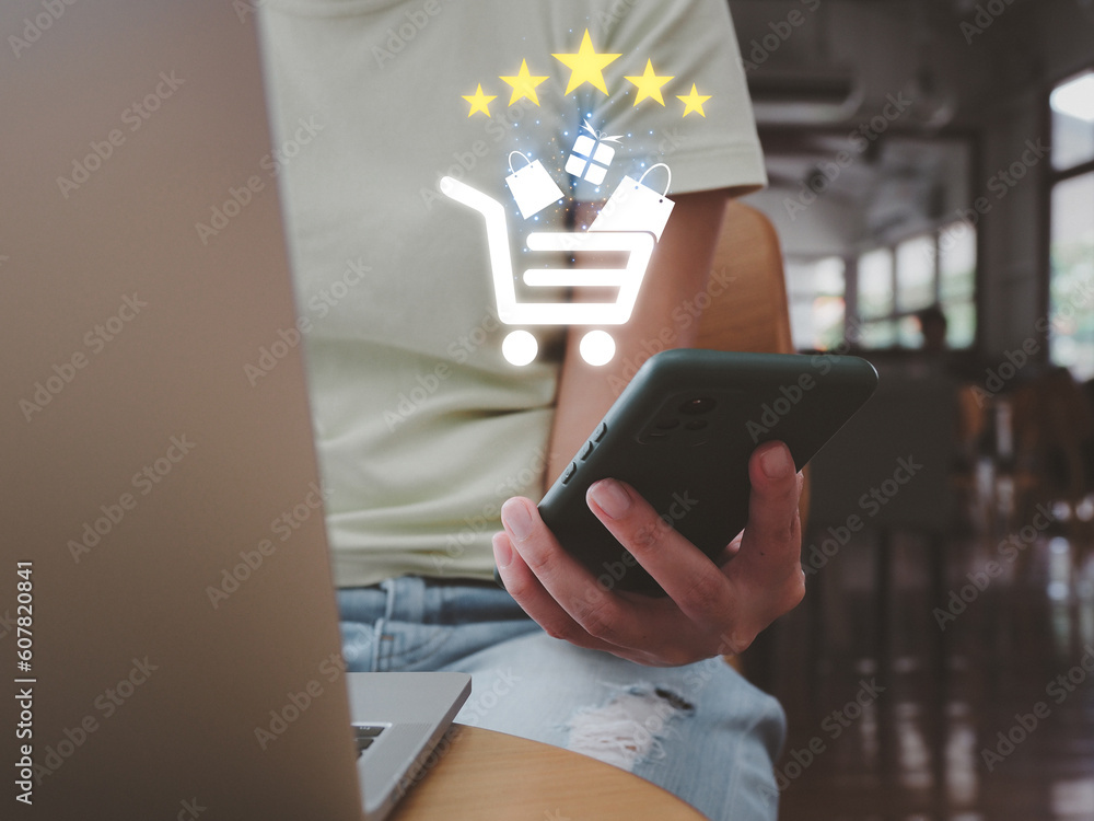 Poster customers or users rate their satisfaction with using the application. choosing a product, product r