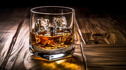 A glass of Whiskey on a rustic wooden board, that can be surface of barrel. Moody atmosphere. Generative Ai