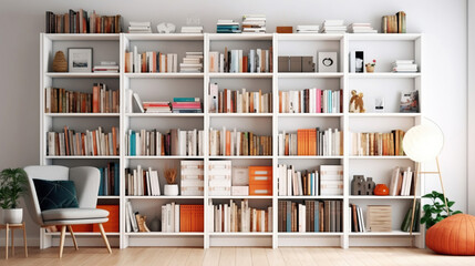 Fototapeta na wymiar White shelves with white books and decor, light white interior of living room or cabinet in house, stylish and cozy design in minimalist style. Generative Ai
