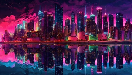 night city by the river glowing with colorful neon lights under a midnight sky full of stars.