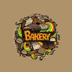Bakery cartoon, vector graphic image, with typography and doodles sketch around.