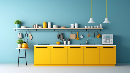 Modern mockup kitchen room interior design and decoration with yellow and white wall and floor. Generative Ai
