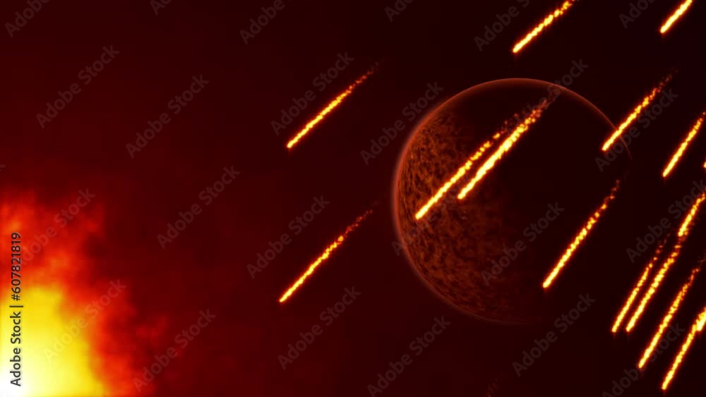 Poster abstract loop universe space background round orange energy planet with falling meteoroid
