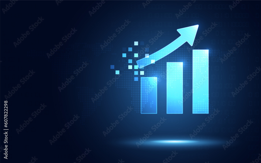 Poster futuristic raise arrow chart digital transformation abstract technology background. big data and bus