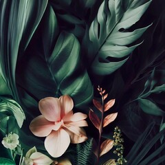 composition of lush botanical elements, including tropical leaves, delicate flowers, and vibrant foliage