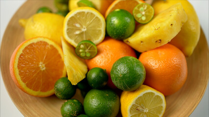 Fototapeta na wymiar Citrus fresh fruits, Fresh papaya, orange, mango on table. set of exotic tropical fruits, Green organic broccoli on the table