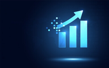 Futuristic raise arrow chart digital transformation abstract technology background. Big data and business growth currency stock and investment economy. Vector illustration