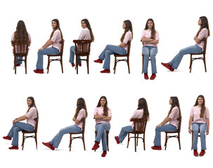 large group of same young girl sitting on chair on white background