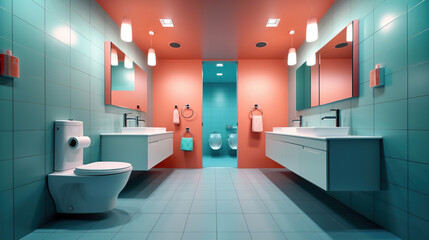Interior of colorful restroom with toilet bowl and chest of drawers. Generative Ai