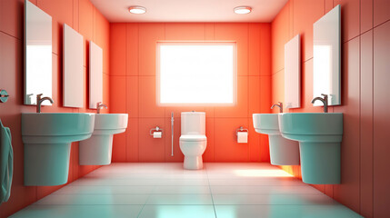 Fototapeta na wymiar Interior of colorful restroom with toilet bowl and chest of drawers. Generative Ai