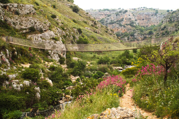 Tracking trail to old cave city Matera Italy in the meadow of Murgia Materana natural park in Basilicata Italy