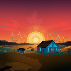 Fototapeta na wymiar sunset over a renewable farm - generative AI