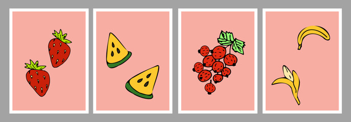 set of poster of fruit berryes in a doodle style