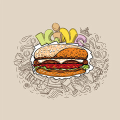 King letters around a burger and doodles of fast food, hand drawn. Vector image.