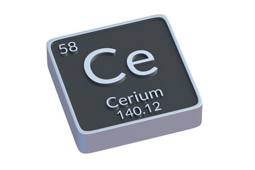 Cerium Ce chemical element of periodic table isolated on white background. Metallic symbol of chemistry element. 3d render