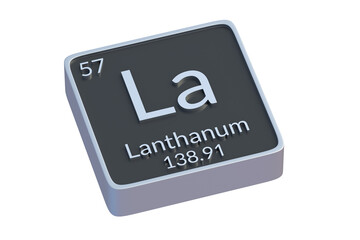 Lanthanum La chemical element of periodic table isolated on white background. Metallic symbol of chemistry element. 3d render