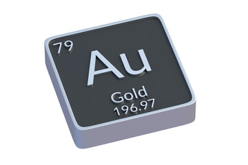 Gold Au chemical element of periodic table isolated on white background. Metallic symbol of chemistry element. 3d render