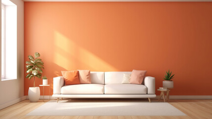 Orange minimalist room interior with sofa on a wooden floor, decor on a large wall, white landscape in window. Home nordic interior. Generative Ai