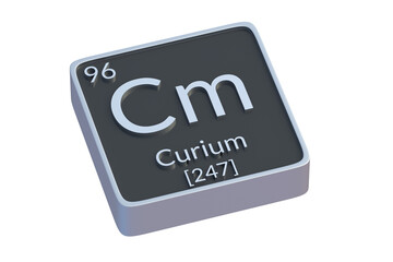 Curium Cm chemical element of periodic table isolated on white background. Metallic symbol of chemistry element. 3d render
