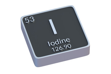 Iodine I chemical element of periodic table isolated on white background. Metallic symbol of chemistry element. 3d render