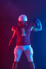American football player banner with neon colors. Template for bookmaker ads with copy space. Mockup for betting advertisement. Sports betting, football betting, gambling, bookmaker, big win