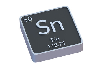 Tin Sn chemical element of periodic table isolated on white background. Metallic symbol of chemistry element. 3d render