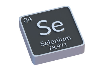 Selenium Se chemical element of periodic table isolated on white background. Metallic symbol of chemistry element. 3d render
