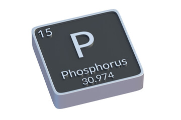 Phosphorus P chemical element of periodic table isolated on white background. Metallic symbol of chemistry element. 3d render