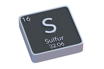 Sulfur S chemical element of periodic table isolated on white background. Metallic symbol of chemistry element. 3d render