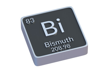 Bismuth Bi chemical element of periodic table isolated on white background. Metallic symbol of chemistry element. 3d render
