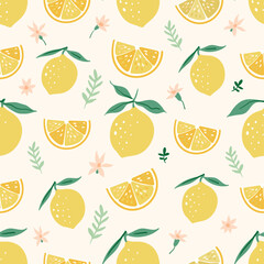 Seamless pattern with lemons and sliced fruits, summer background wallpaper with ripe fruits, vector illustration