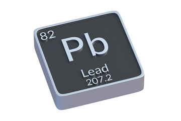 Lead Pb chemical element of periodic table isolated on white background. Metallic symbol of chemistry element. 3d render