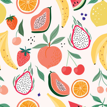 Summer seamless pattern with different fresh fruits, decorative seasonal wallpaper, background