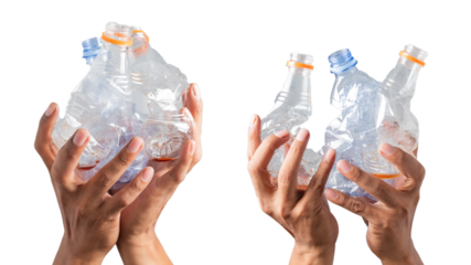 Human hand-holding waste plastic bottles for recycling, Environmental pollution