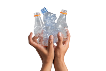 Human hand-holding waste plastic bottles for recycling, Environmental pollution